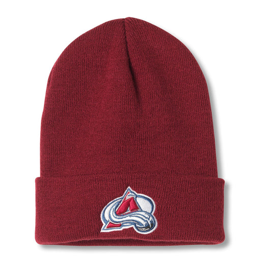 Maroon Colorado Avalanche beanie with embroidered team logo on the front cuff, showcasing official NHL headwear from American Needle