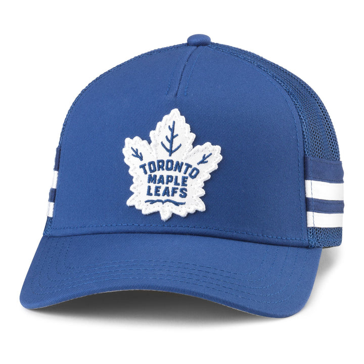Hotfoot Hat Toronto Maple Leafs Washed Twill crown with mesh sides and back paneling. 5 panel structured crown with curved brim and adjustable plastic snapback. Twill fabric contrast stripes on side panels. Embroidered merrowed patch on front.