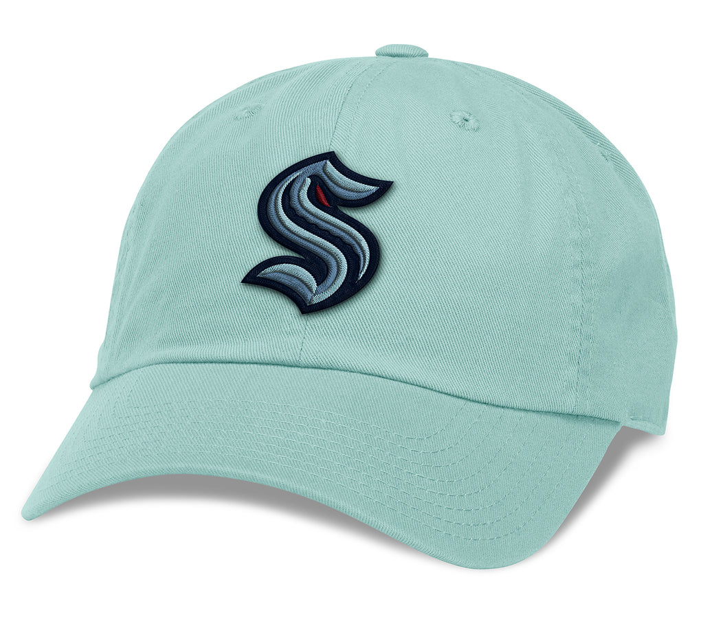 Front view of seafoam colored cap with Settle Kraken's primary logo embroidered in navy and light blue on front.